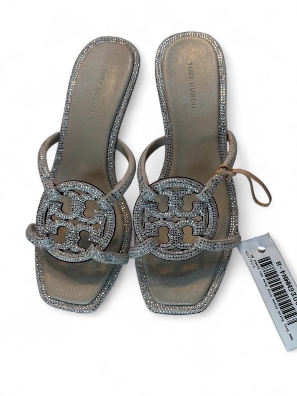 Tory Burch Metallic Silver Crystal Logo Slide Sandals